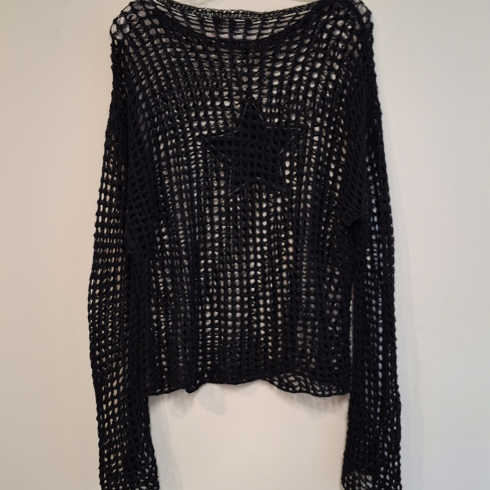 Daisy Street Black Open-Knit Sweater Crochet Top Long Sleeve Star Knit Long Soft - Picture 8 of 9